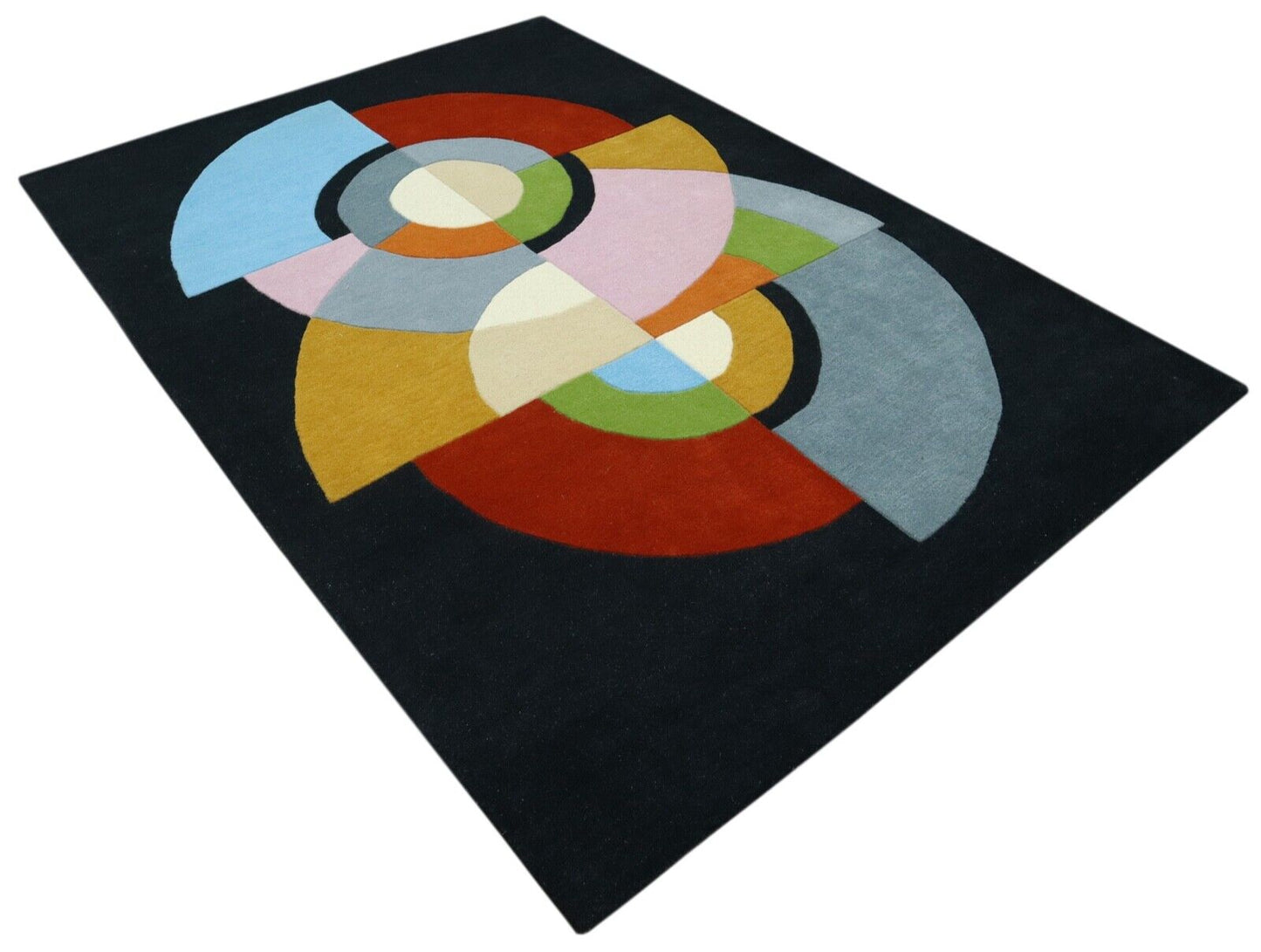 Schwarz bunt Teppich 100% Wolle 160X230 cm Handarbeit Handgetuftet T934