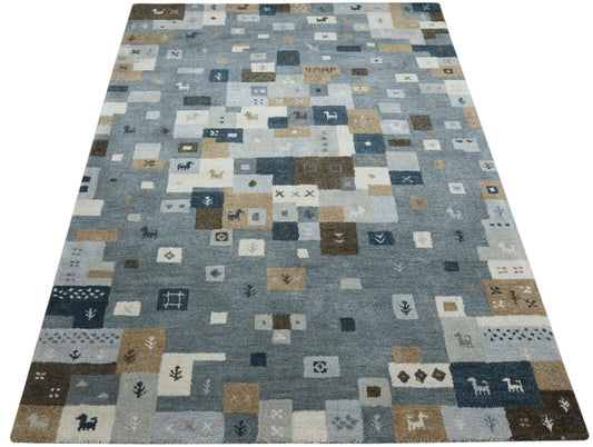 Orient Teppich 100% Wolle 160X230 cm Handarbeit Blau Grau Handgetuftet T944