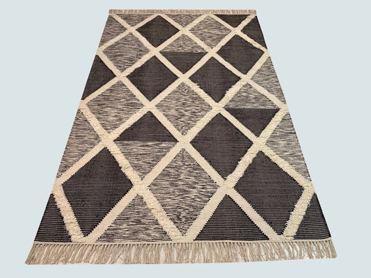 Kilim Teppich 100% Wolle Durry Beige Schwarz Kelim Orientteppich Handgewebt