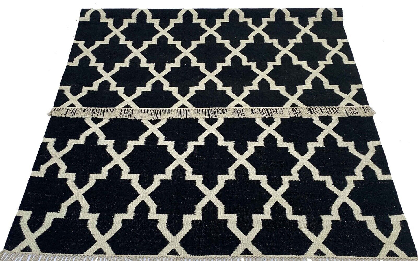 Handgefertigter Kilim Dhurry Teppich Schwarz und Elfenbein, 100% Wolle K501