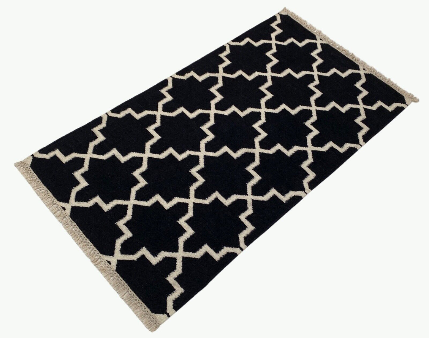 Handgefertigter Kilim Dhurry Teppich Schwarz und Elfenbein, 100% Wolle K501