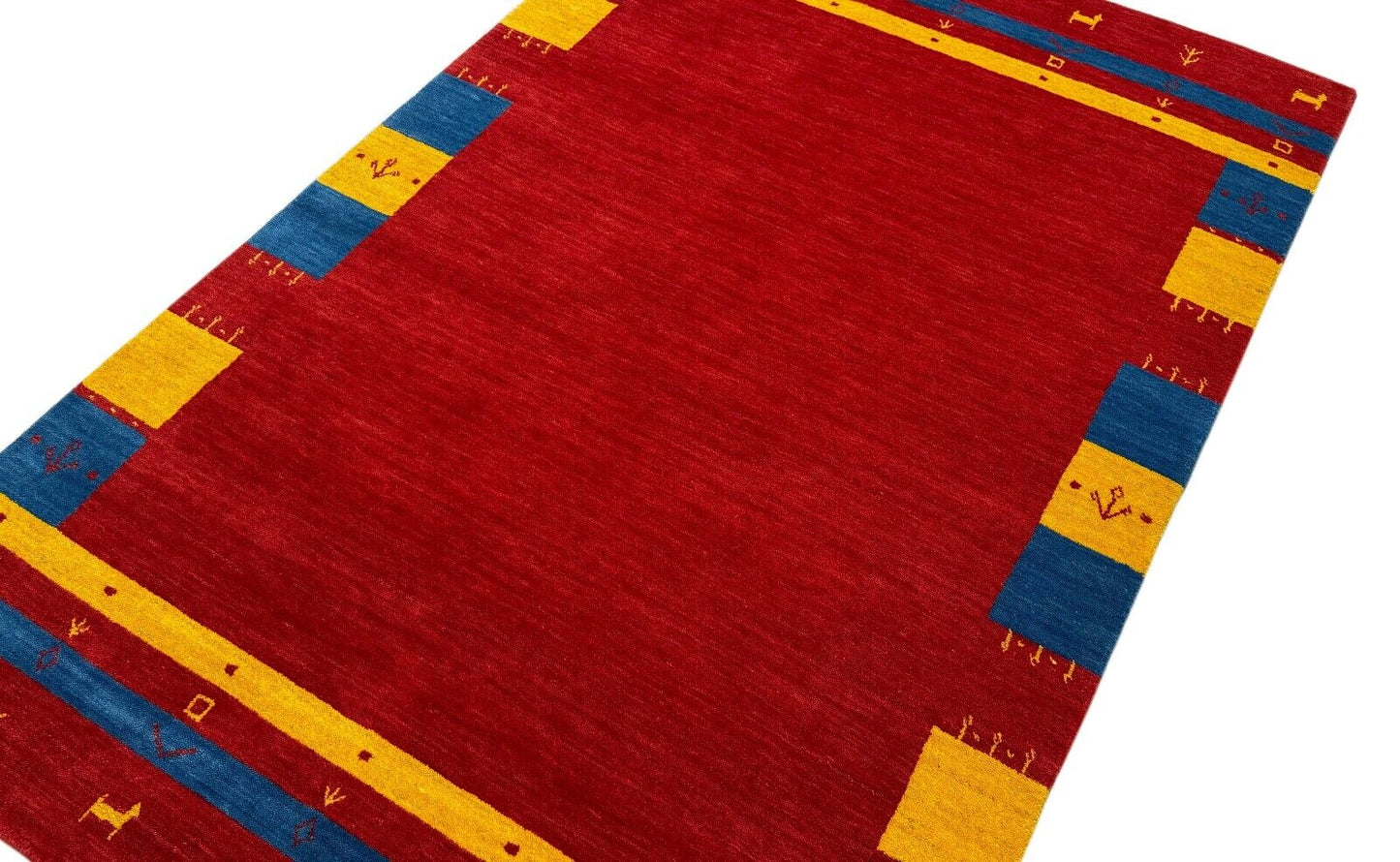 Gabbeh Teppich 100% Wolle 120x180 cm Rot Gold Blau Handgewebt Orientteppich BR13