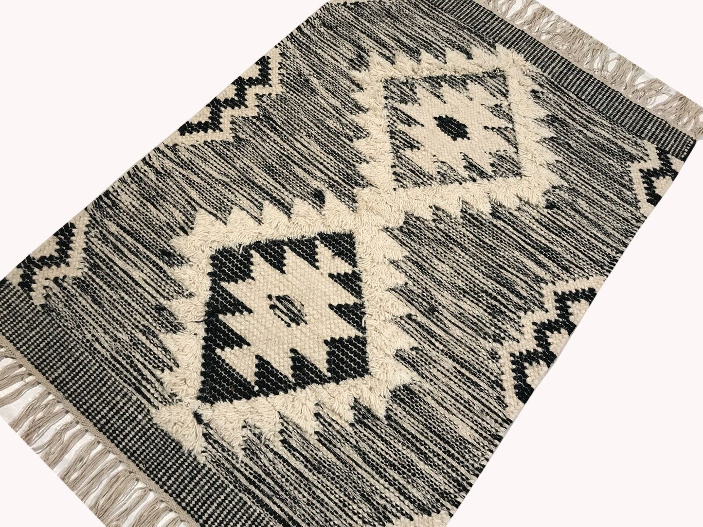 Kilim Teppich 100% Wolle Durry Beige Schwarz Kelim Orientteppich Handgewebt