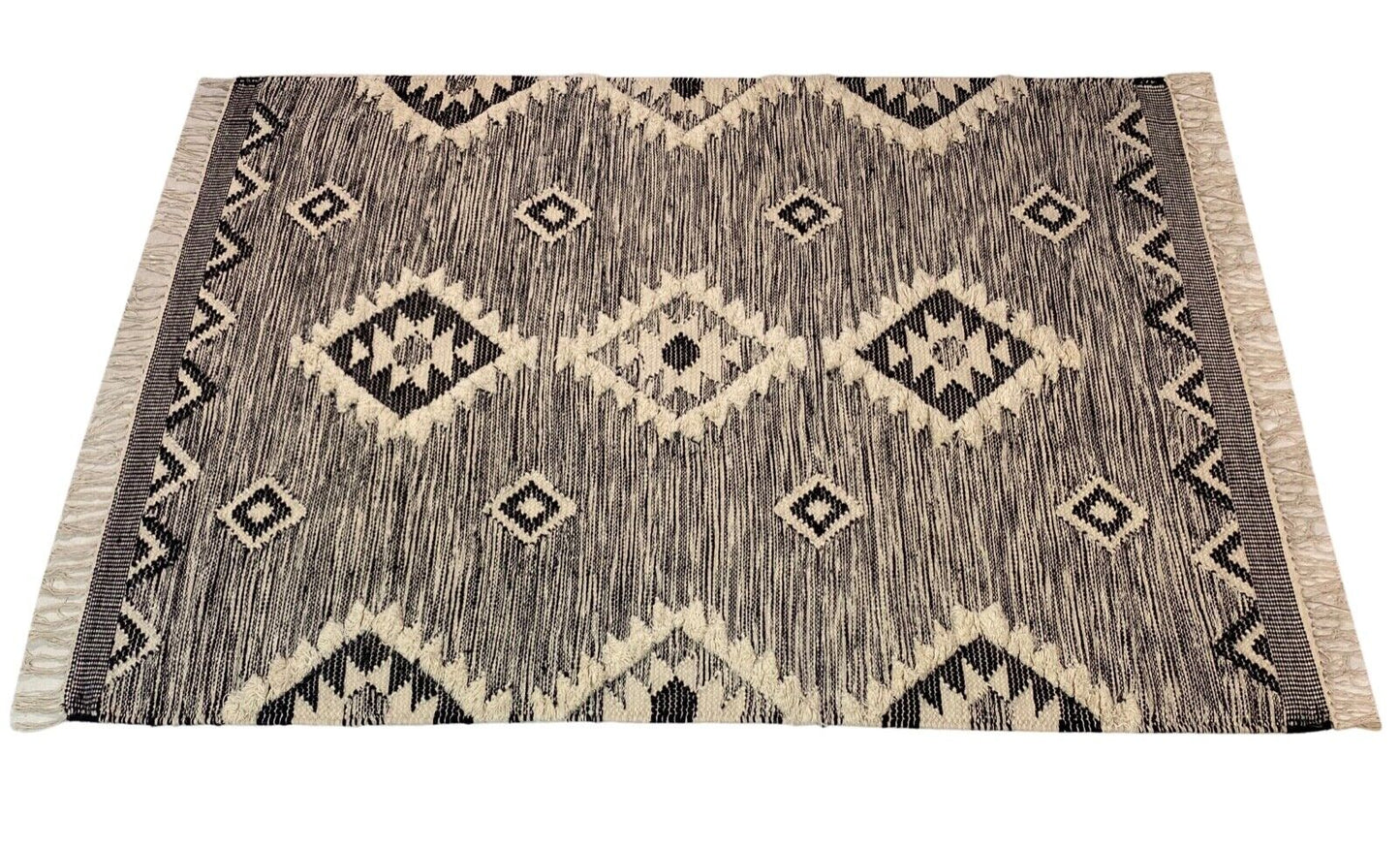 Kilim Teppich 100% Wolle Durry Beige Schwarz Kelim Orientteppich Handgewebt