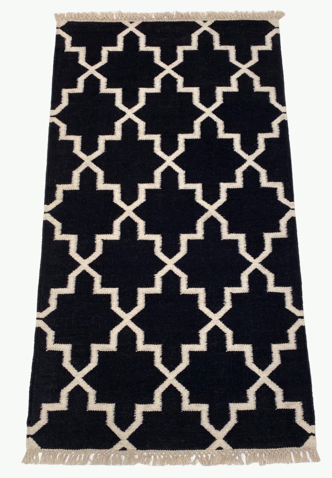 Handgefertigter Kilim Dhurry Teppich Schwarz und Elfenbein, 100% Wolle K501