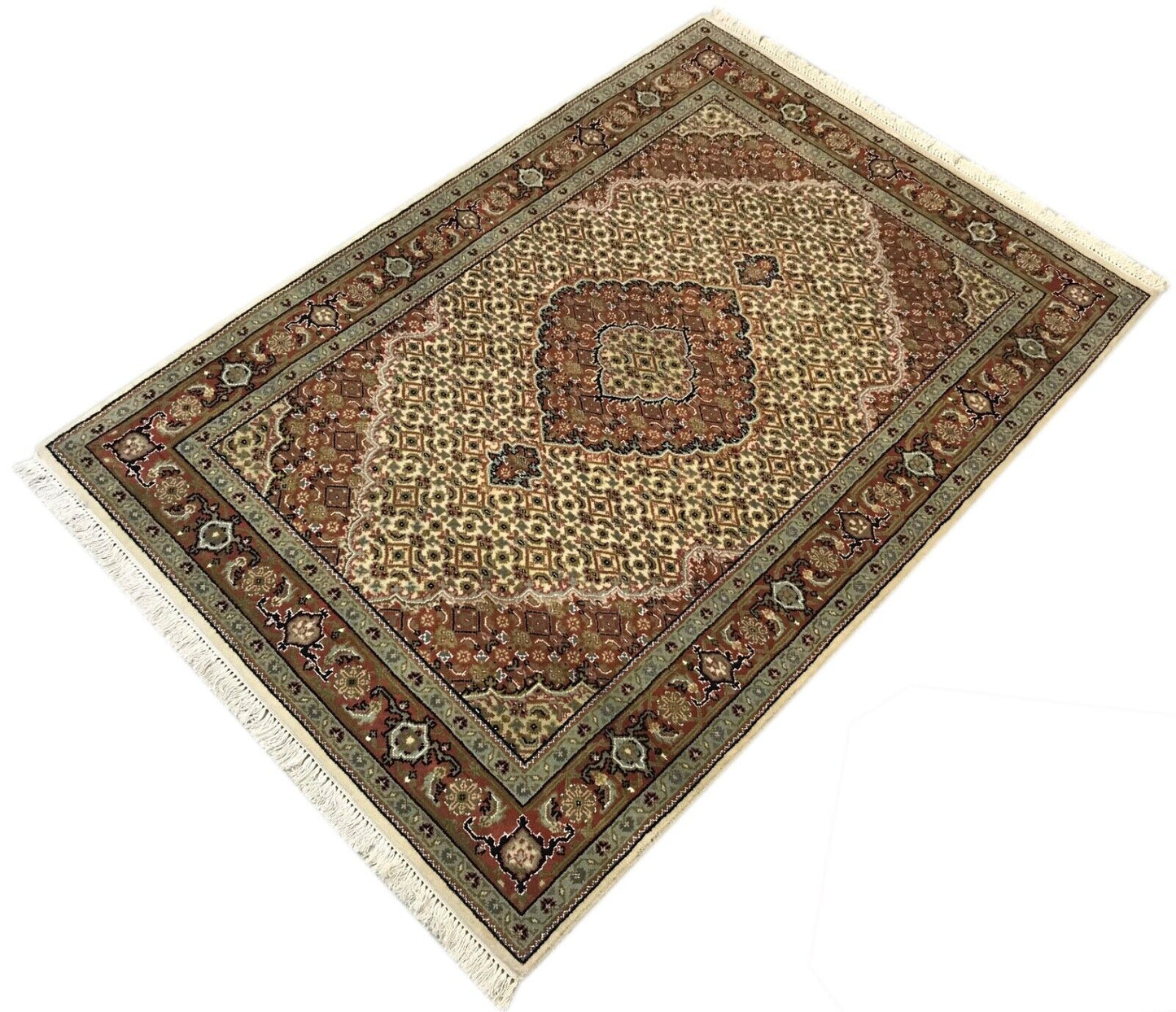 Teppich Handgeknüpfter Orientteppich Täbriz Mahi Bidjar  Creme 125x183 cm M9 M1