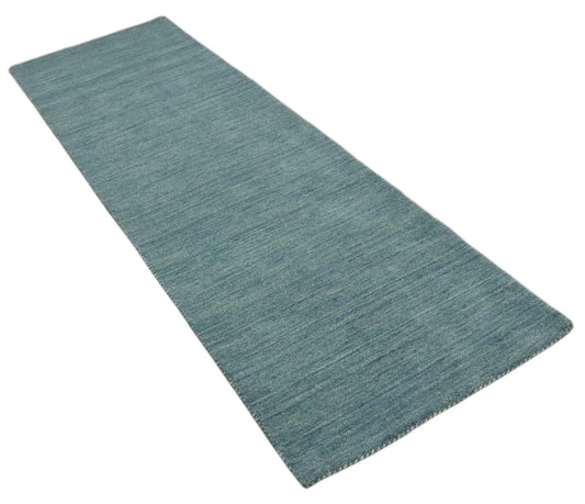 Hell Blau Brücke Teppich 100% Wolle 70X240 cm Handarbeit Läufer T986