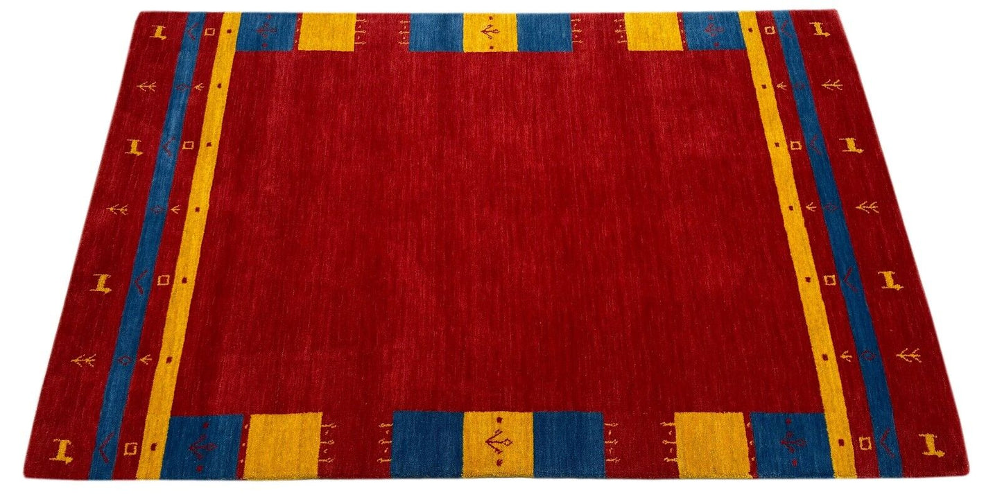 Gabbeh Teppich 100% Wolle 120x180 cm Rot Gold Blau Handgewebt Orientteppich BR13