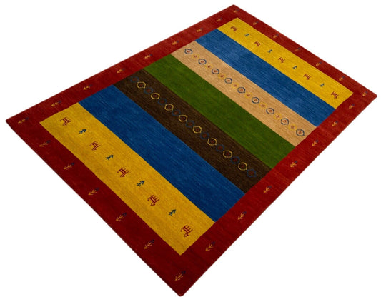 Bunt Gabbeh Teppich 100% Wolle 120x180 cm Rot Gold Blau Orient Handgewebt BR12