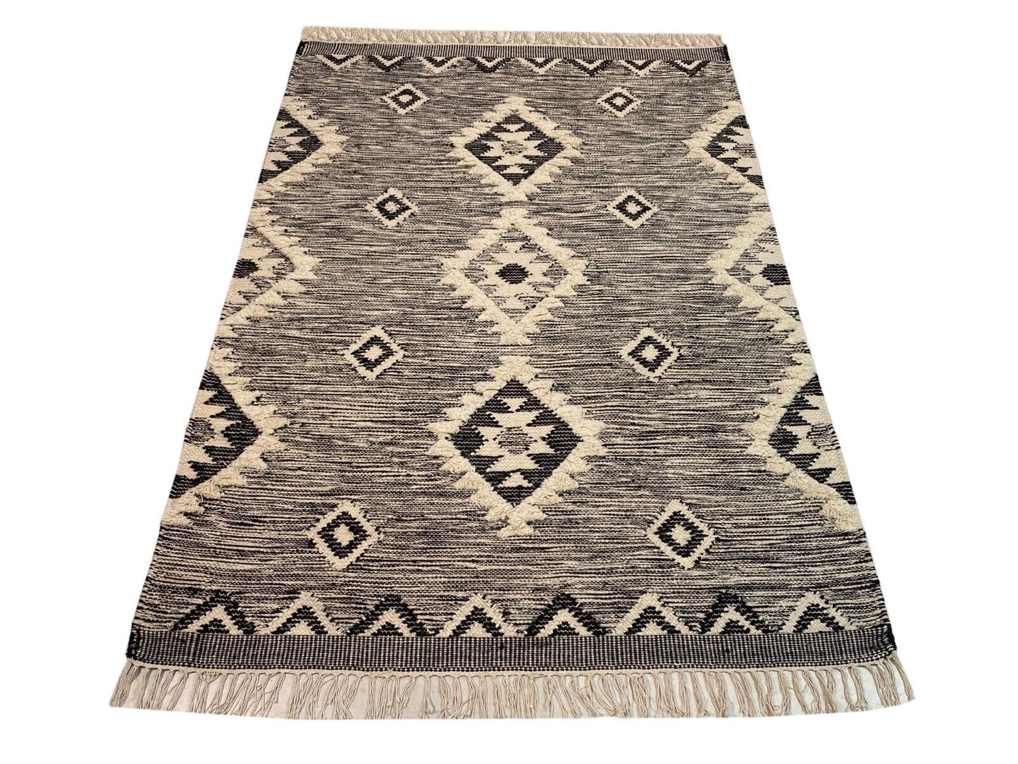 Kilim Teppich 100% Wolle Durry Beige Schwarz Kelim Orientteppich Handgewebt