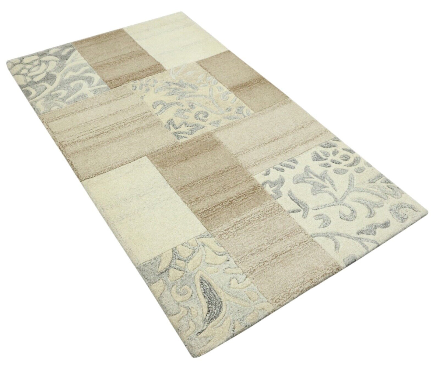 Beige Grau Orient Teppich 100% Wolle 90X160 cm Handarbeit Handgetuftet T976