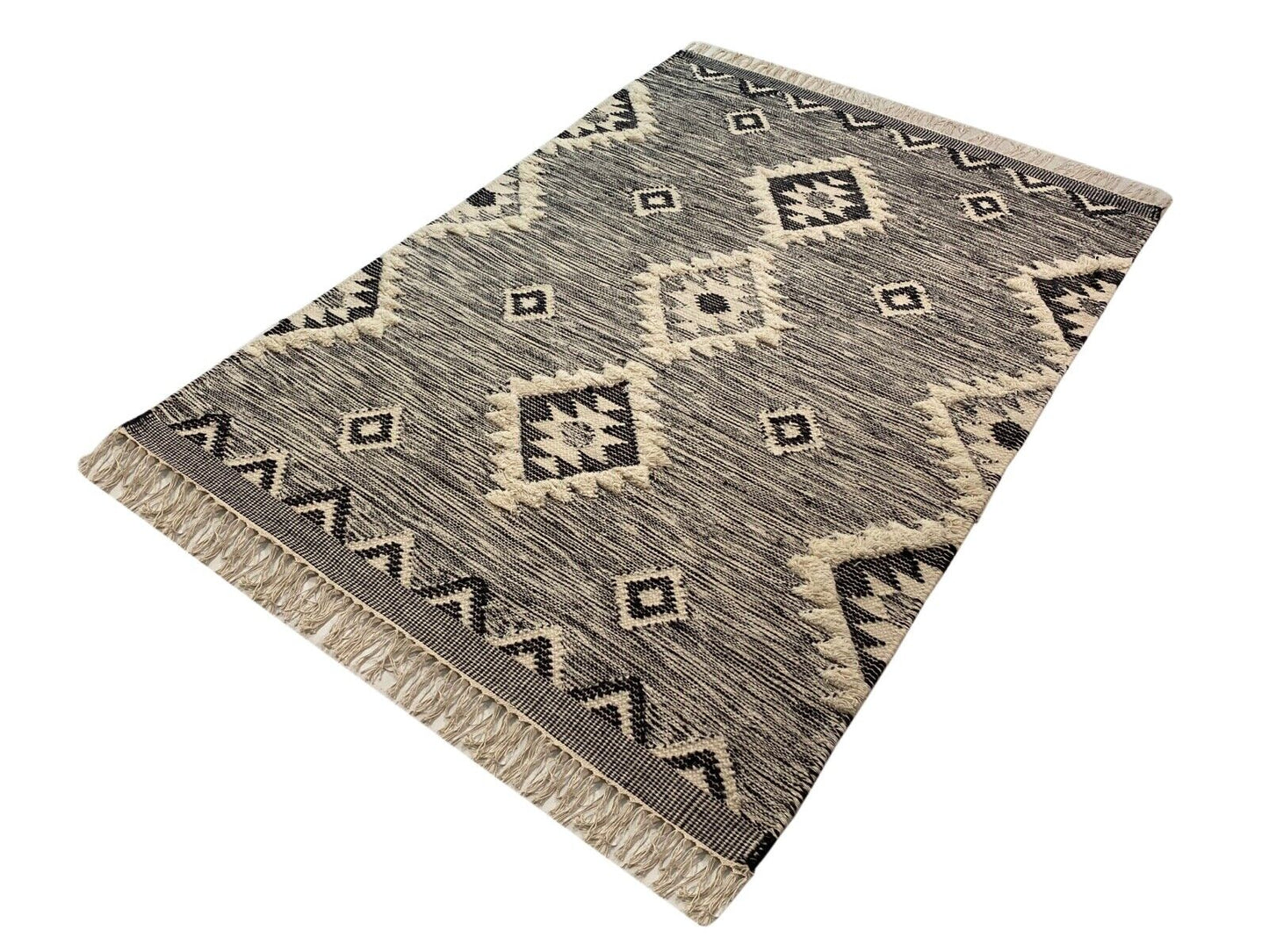 Kilim Teppich 100% Wolle Durry Beige Schwarz Kelim Orientteppich Handgewebt