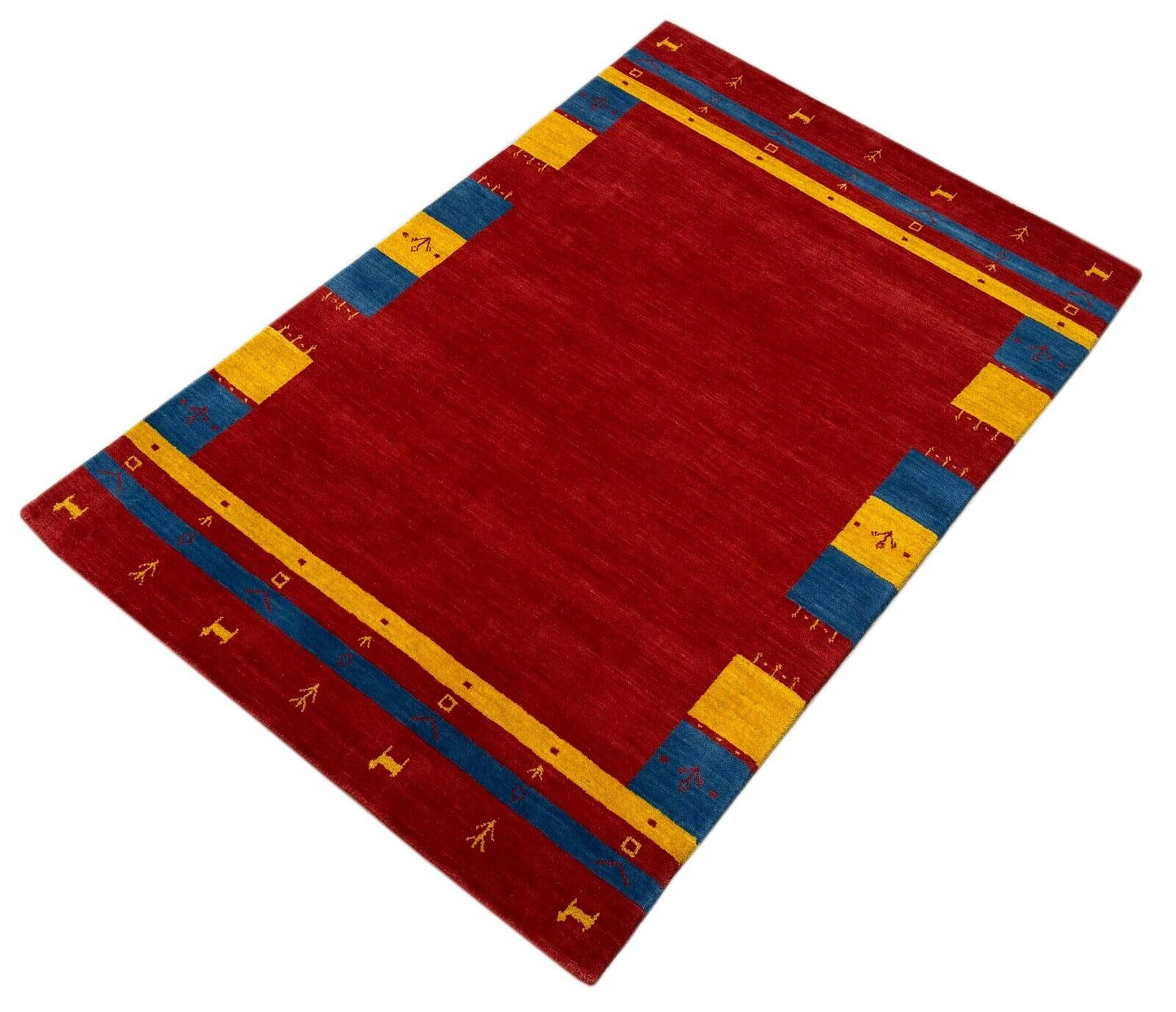 Gabbeh Teppich 100% Wolle 120x180 cm Rot Gold Blau Handgewebt Orientteppich BR13