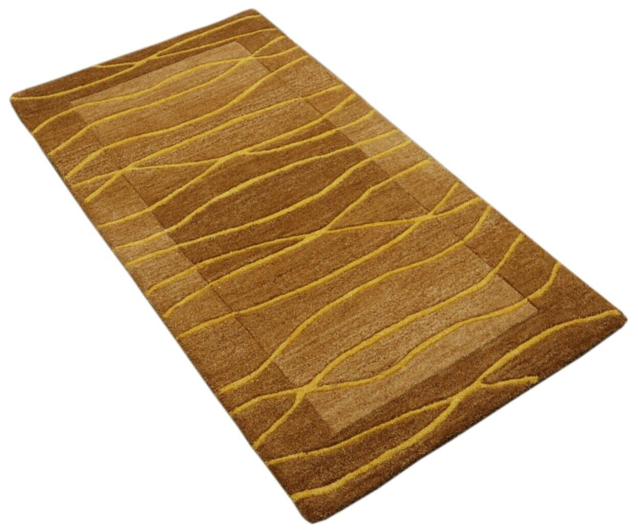 Teppich 100% Wolle 70X140 cm Handarbeit Kaffeefarbe Gold Handgetuftet T1021