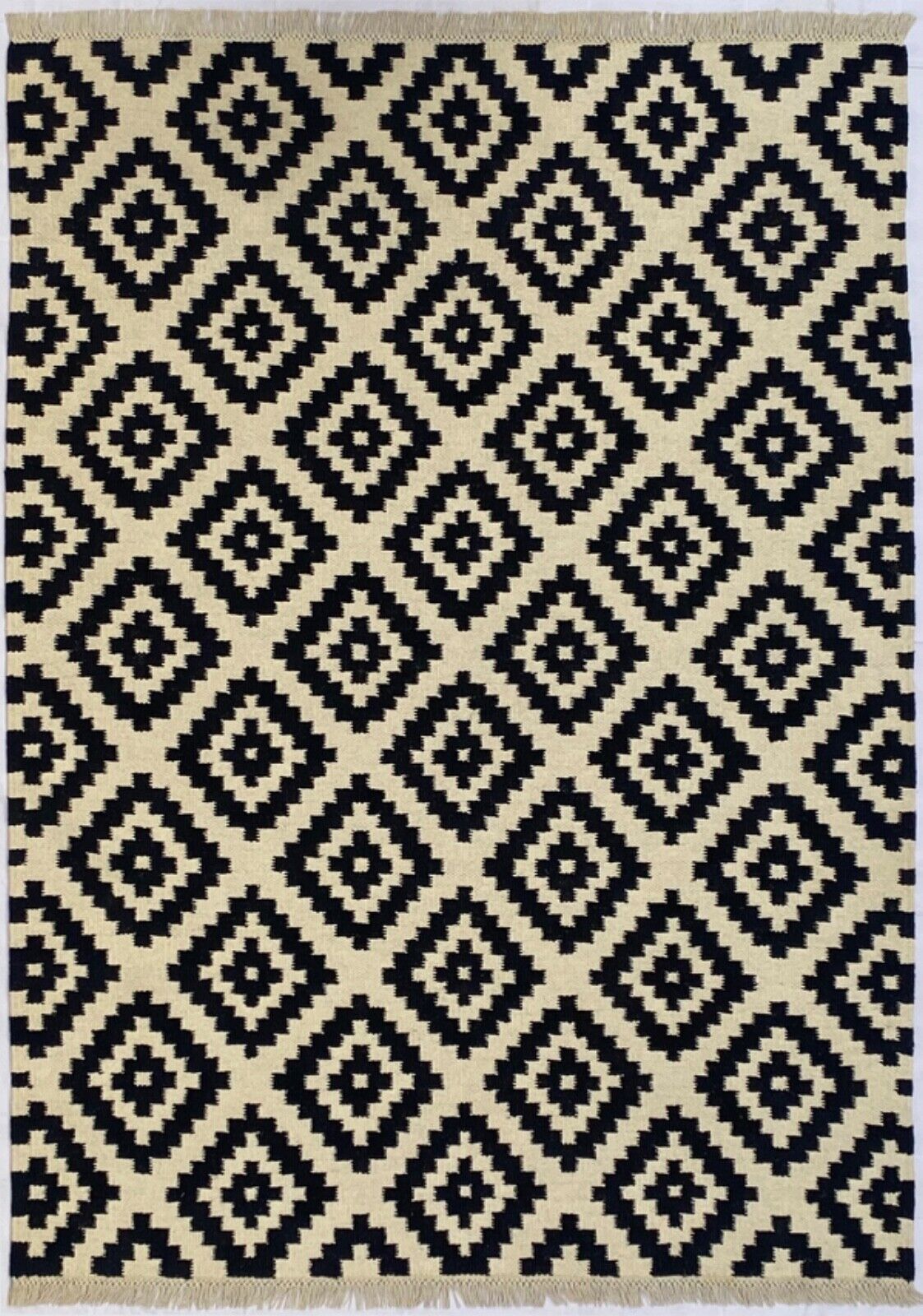 Handgefertigte Kilim Dhurry Teppich 160x230 cm Schwarz Elfenbein 100% Wolle 503