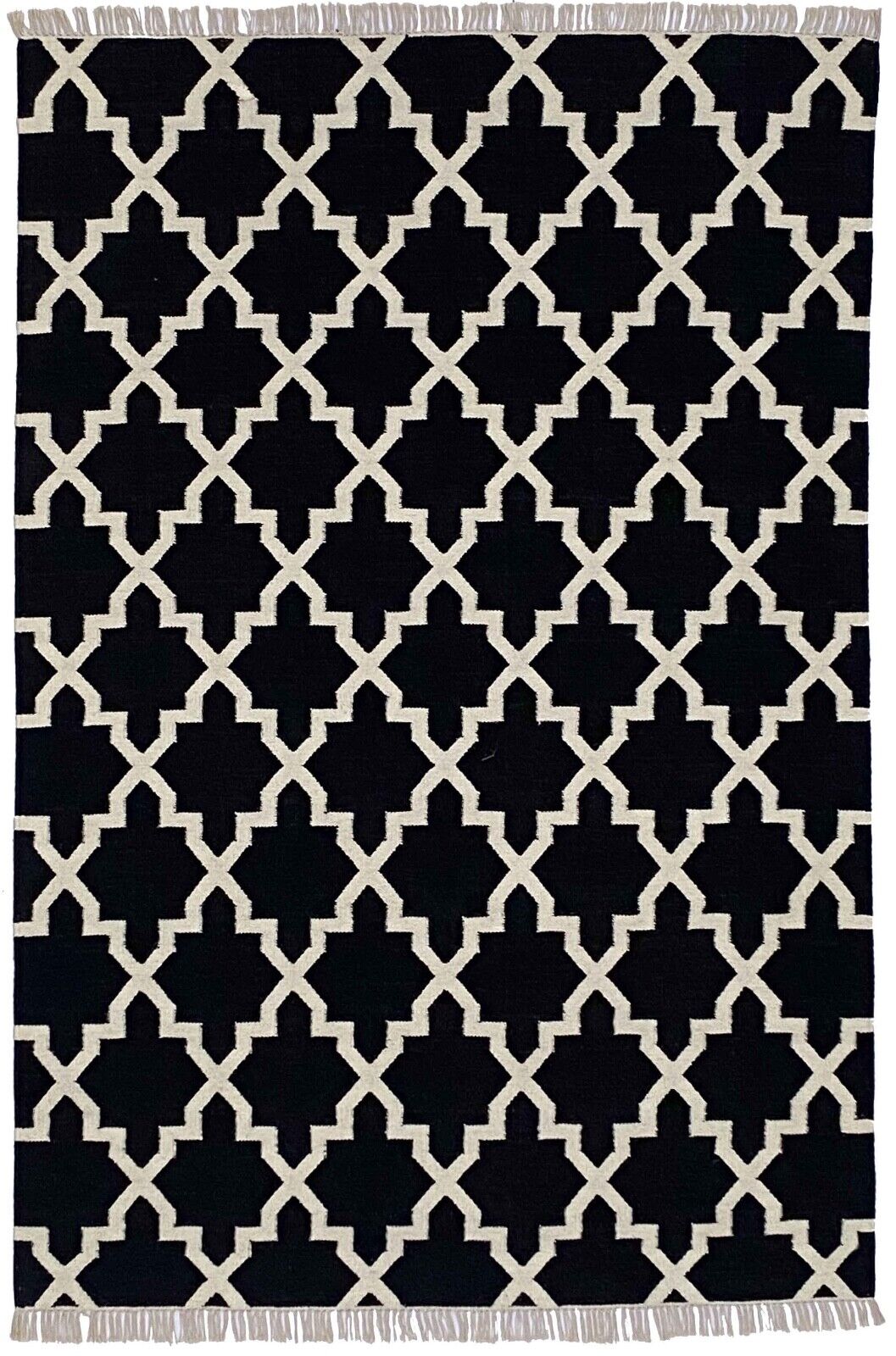 Handgefertigter Kilim Dhurry Teppich Schwarz und Elfenbein, 100% Wolle K501