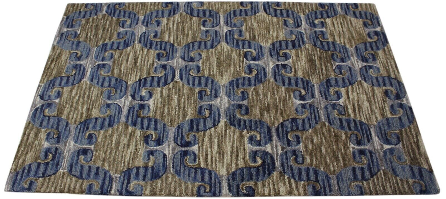 Blau Braun Teppich 100% Wolle Orientteppich 150X240 cm Handgetuftet MH848