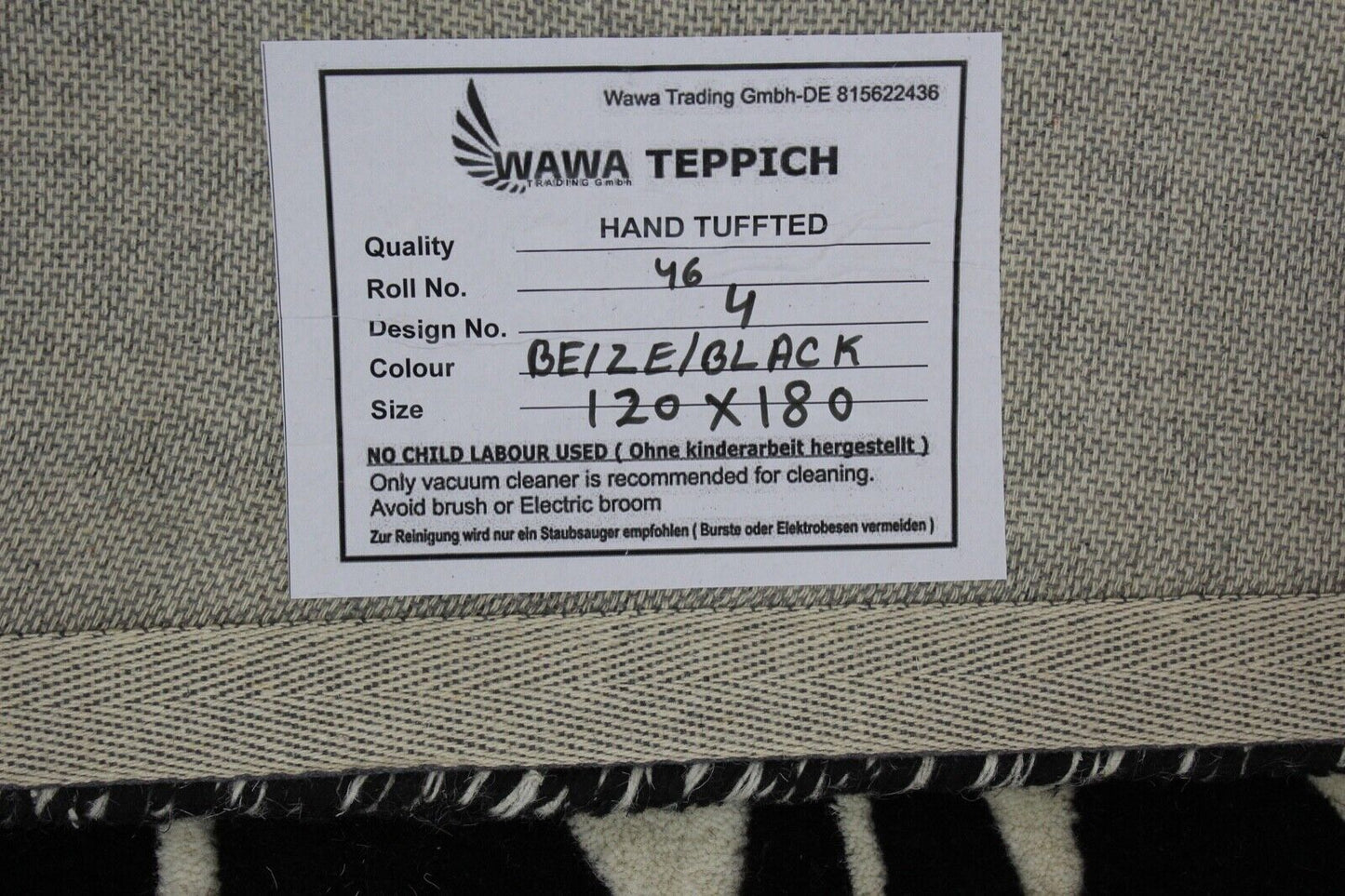 Schwarz Beige 100% Wolle  Teppich 120X180 CM Handarbeit Handgetuftet ME4