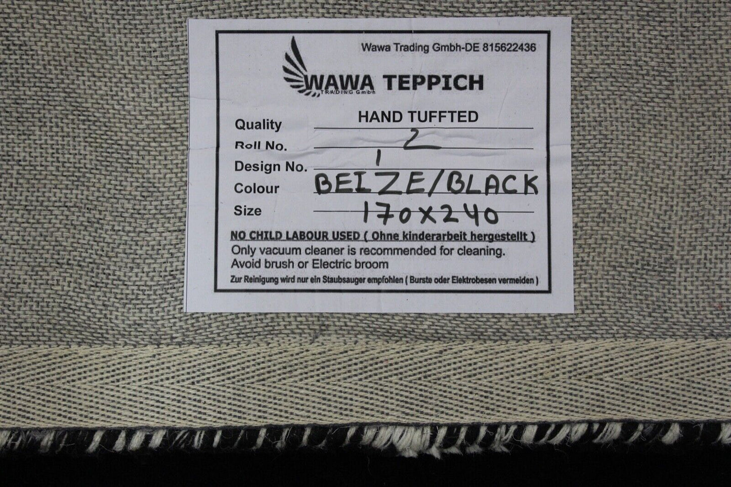 Schwarz Beige 100% Wolle  Teppich 170X240 CM Handarbeit Handgetuftet ME1