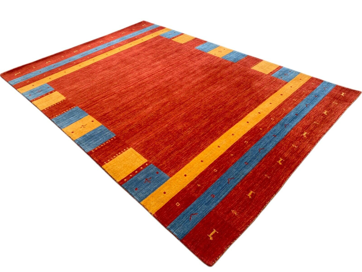 Gabbeh Teppich 100% Wolle 170x240 cm Rot Gold Blau Handgewebt Orientteppich 110