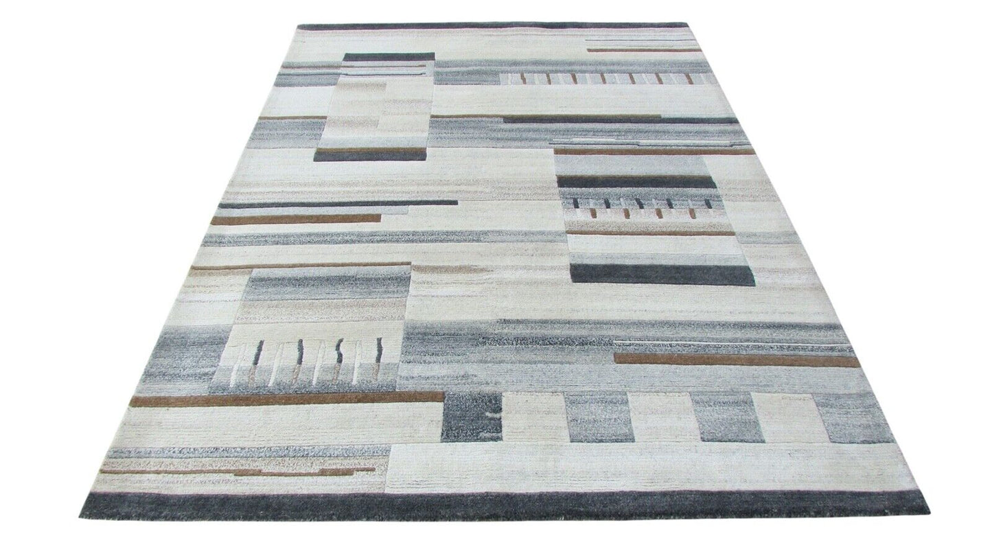 Nepal Teppich Handgeknüpft Beige Grau 100% Wolle Orientteppich 167x227 cm N-77