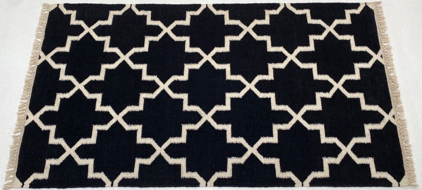 Kilim Schwarz Dunkelblau Handgewebt Teppich 100% Wolle Durry Kelim 80x150 CM 501