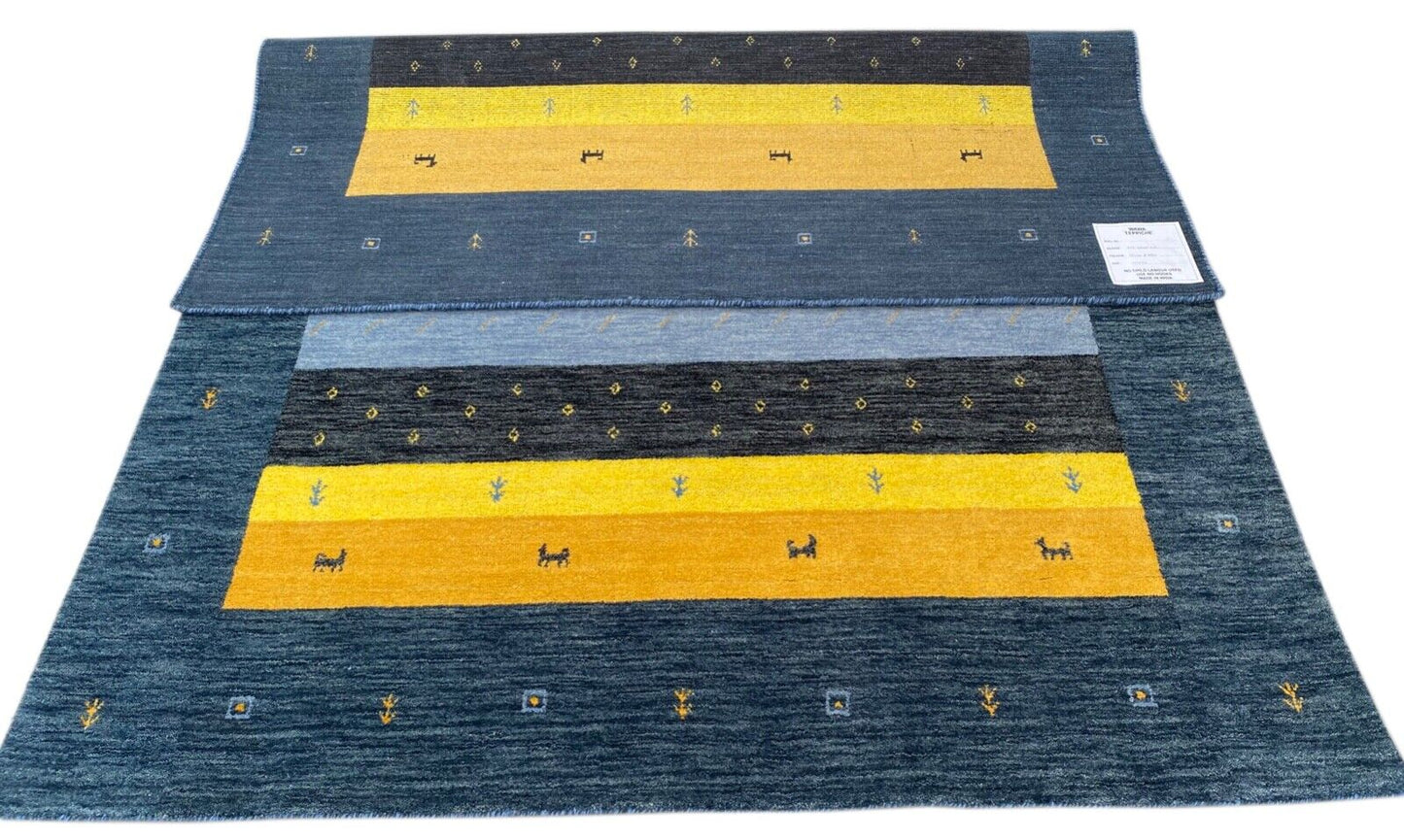 Grau Gabbeh Teppich 100% Wolle 170x240 cm Gold Blau Handgewebt Orientteppich 102