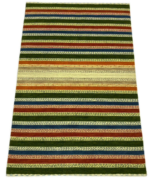 Teppich 100% Wolle Bunt Orange Blau Grün Beige Gabbeh Handgewebt 124x184 cm S107