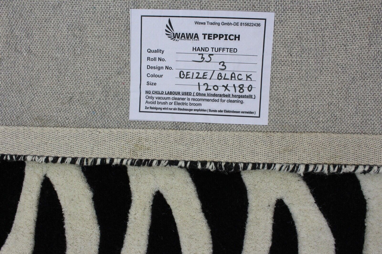 Schwarz Beige 100% Wolle  Teppich 120X180 CM Handarbeit Handgetuftet ME3