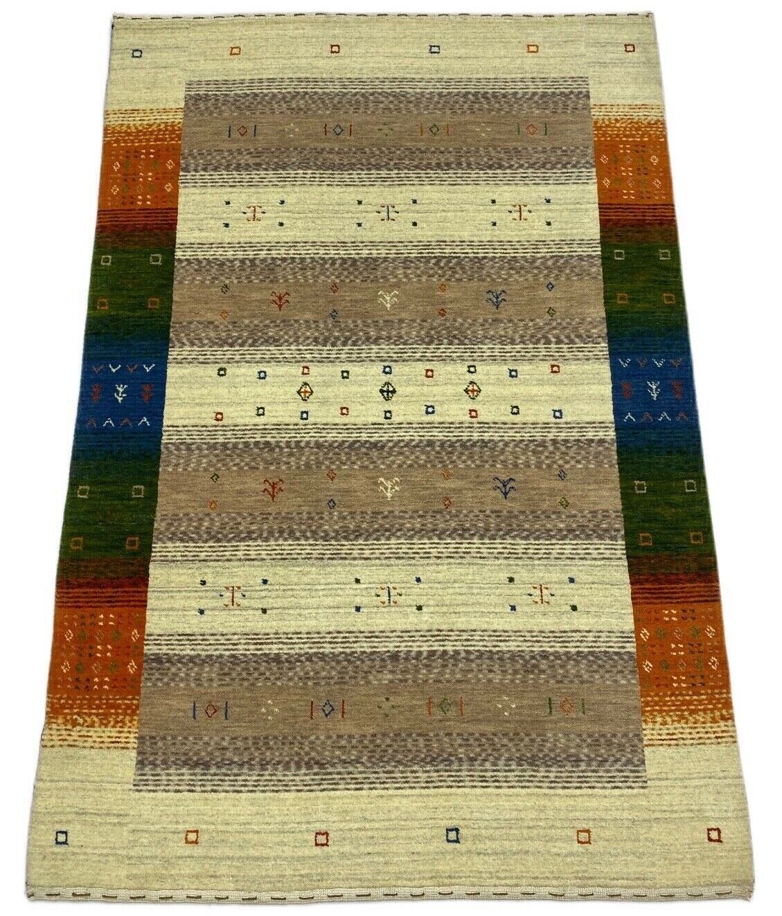 Gabbeh Teppich 100% Wolle Beige Orange Blau loom lori Handgewebt 125x180 cm S111