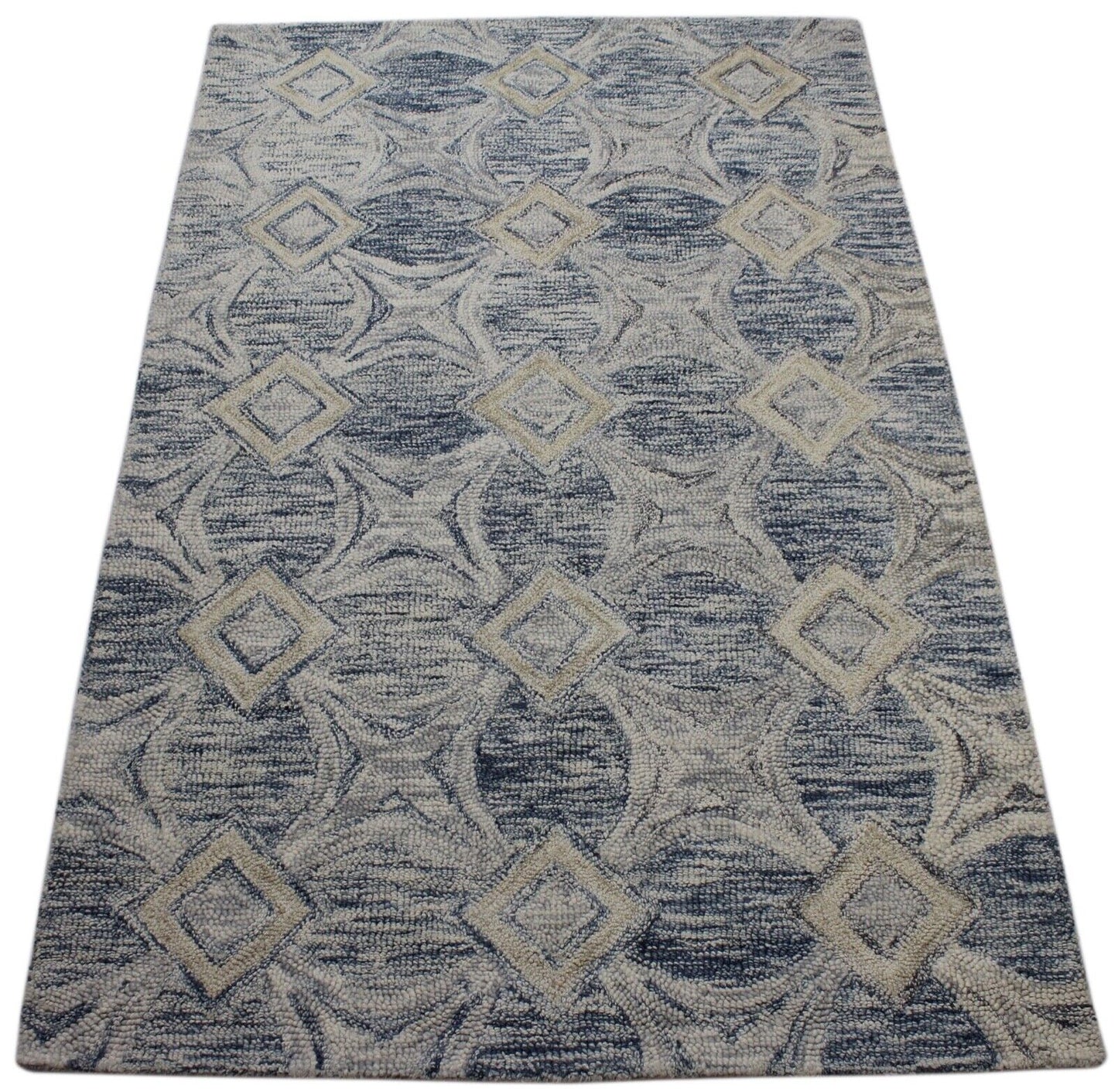 Teppich 100% Wolle Beige Blau Orientteppich 150X240 cm Handgetuftet MH947