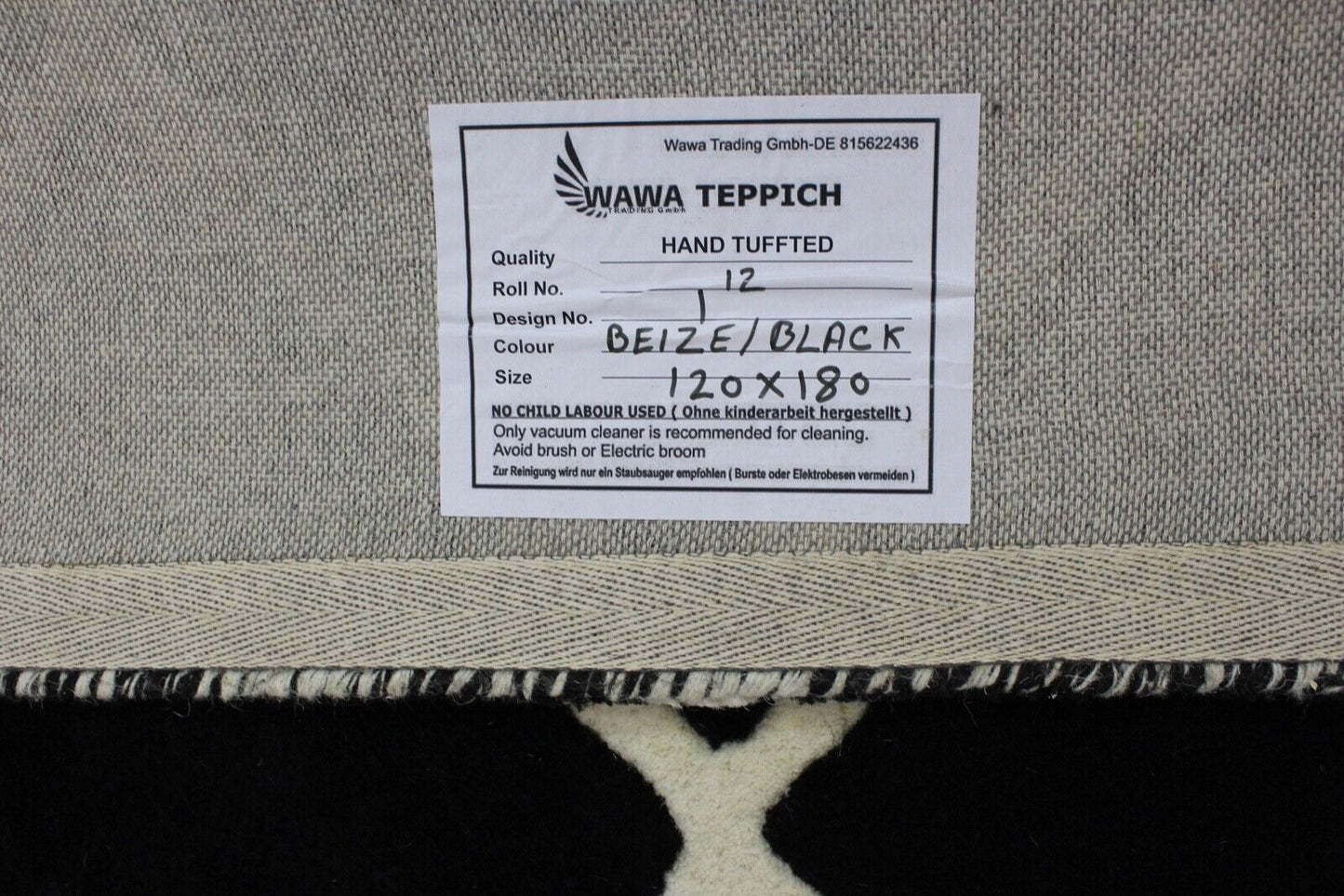 Schwarz Beige 100% Wolle  Teppich 120X180 CM Handarbeit Handgetuftet ME1