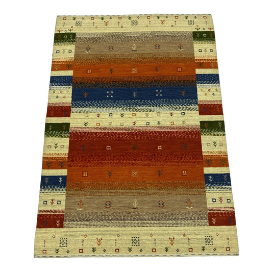 Gabbeh Teppich 100% Wolle Beige Orange Blau loom lori Handgewebt 125x180 cm S1