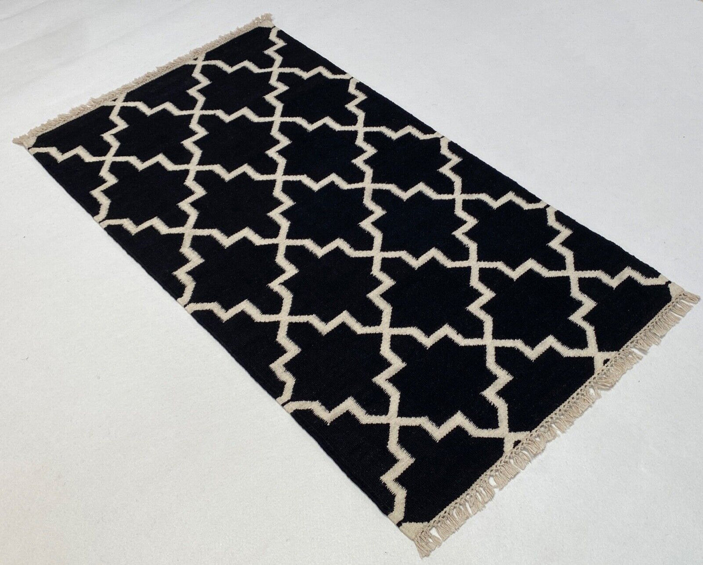 Kilim Schwarz Dunkelblau Handgewebt Teppich 100% Wolle Durry Kelim 80x150 CM 501