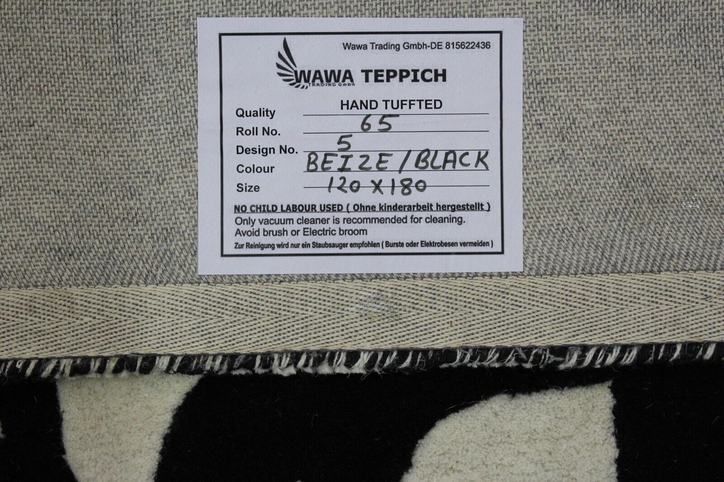 Schwarz Beige 100% Wolle  Teppich 120X180 CM Handarbeit Handgetuftet ME5