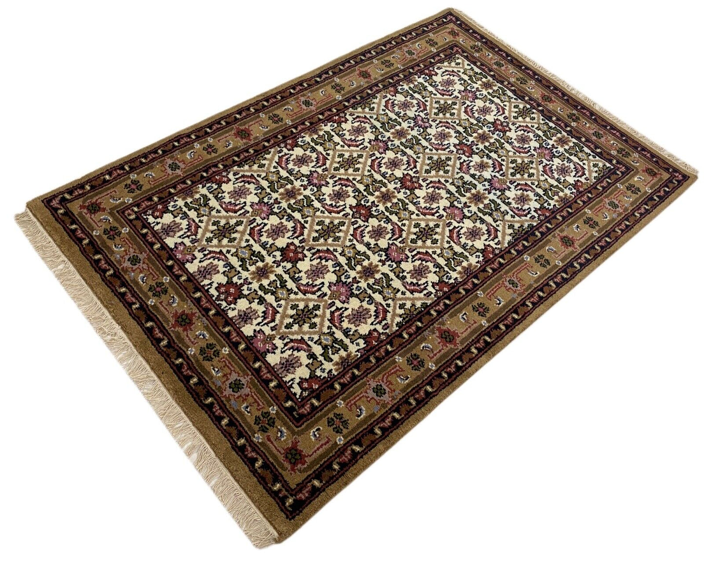 Herati Beige Teppich Wolle Handgeknüpft 100% Schurwolle 120X180 cm D6