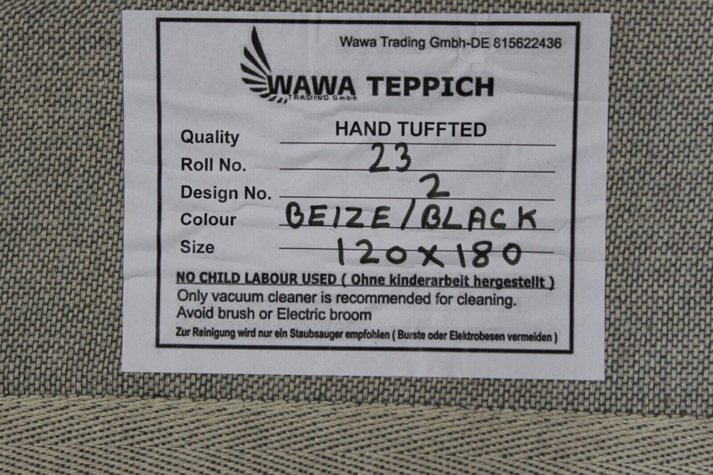 Schwarz Beige 100% Wolle  Teppich 120X180 CM Handarbeit Handgetuftet ME2