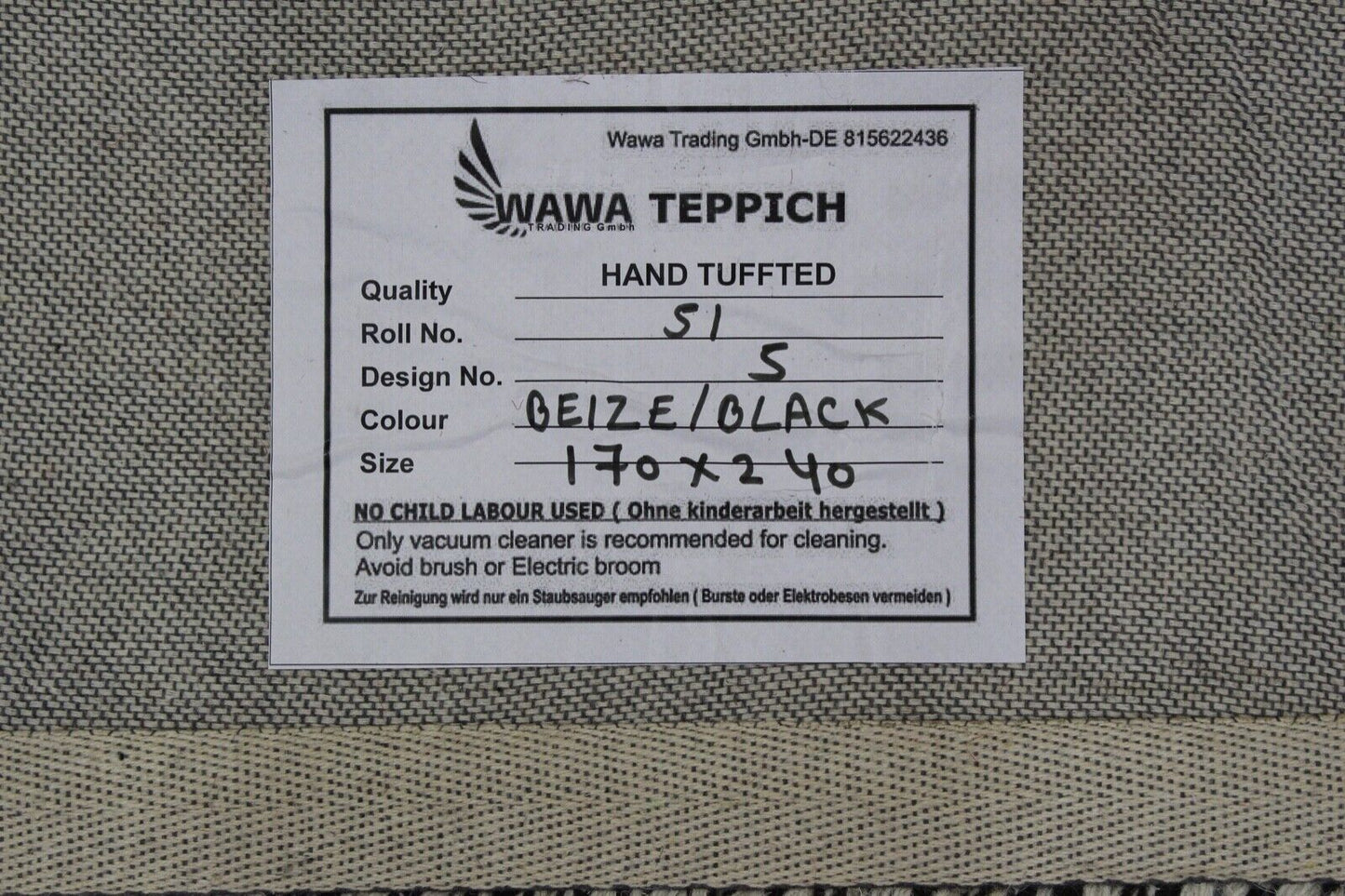 Schwarz Beige 100% Wolle  Teppich 170X240 CM Handarbeit Handgetuftet Zebra ME-5