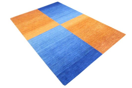 Teppich 100% Wolle Blau Orange Gold 160X230 cm Handarbeit Handgetuftet T856