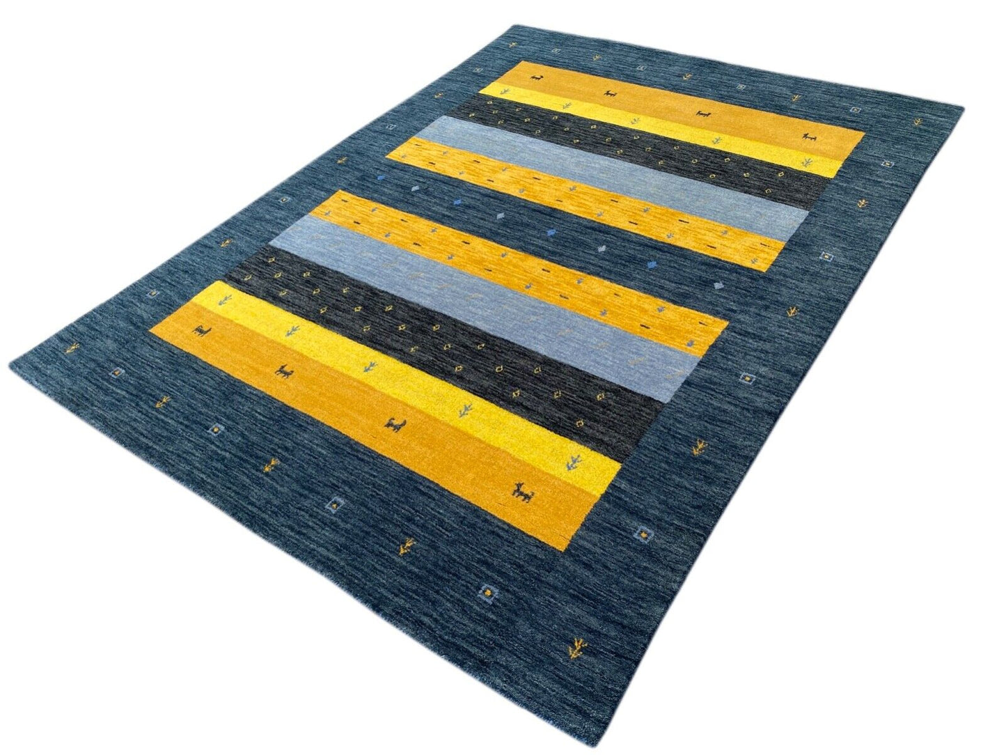 Grau Gabbeh Teppich 100% Wolle 170x240 cm Gold Blau Handgewebt Orientteppich 102