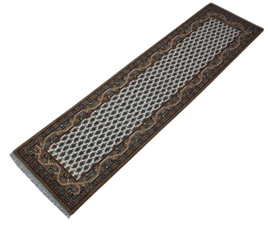 Läufer Teppich 100% Wolle Handgeknüpft Orient beige  Mir 75x270 cm