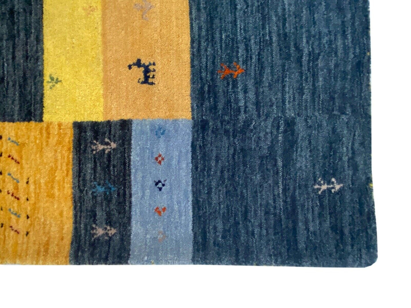 Gabbeh Teppich 100% Wolle 170x240 cm Grau Gold Blau Handgewebt Orientteppich 101