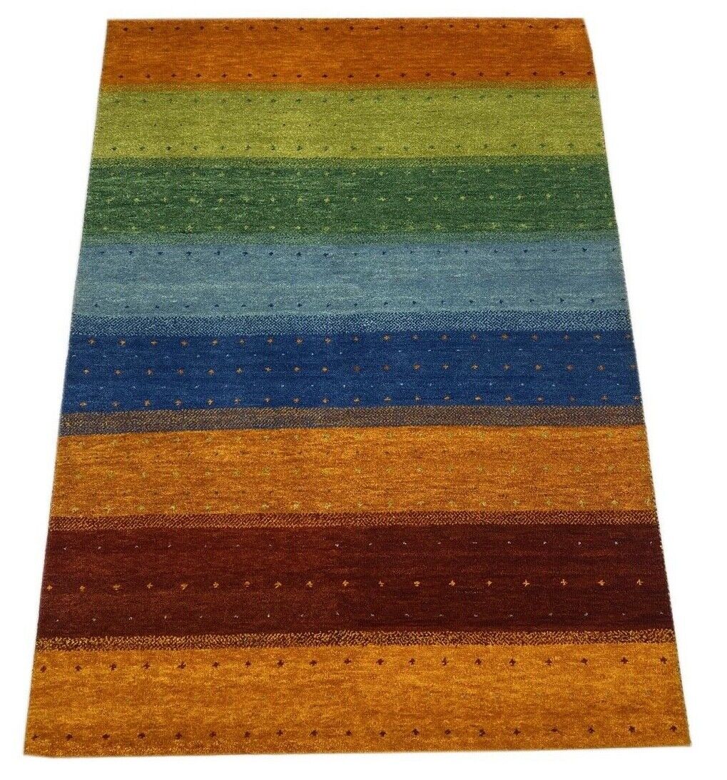 Gabbeh Teppich 100% Wolle Orange Rot Blau Grün Gold Handgeknüpft 174X236 cm WR24