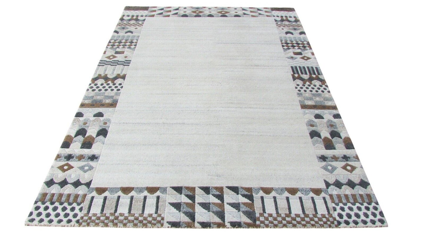 Nepal Teppich Handgeknüpft Beige Grau 100% Wolle Orientteppich 163x225 cm N-86