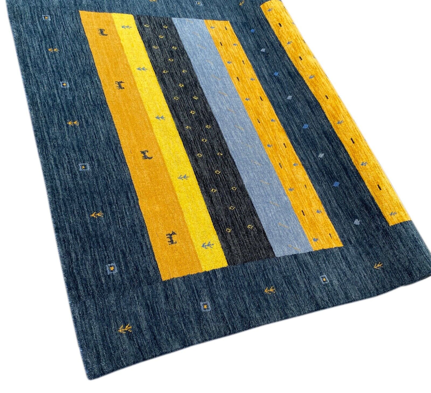 Grau Gabbeh Teppich 100% Wolle 170x240 cm Gold Blau Handgewebt Orientteppich 102