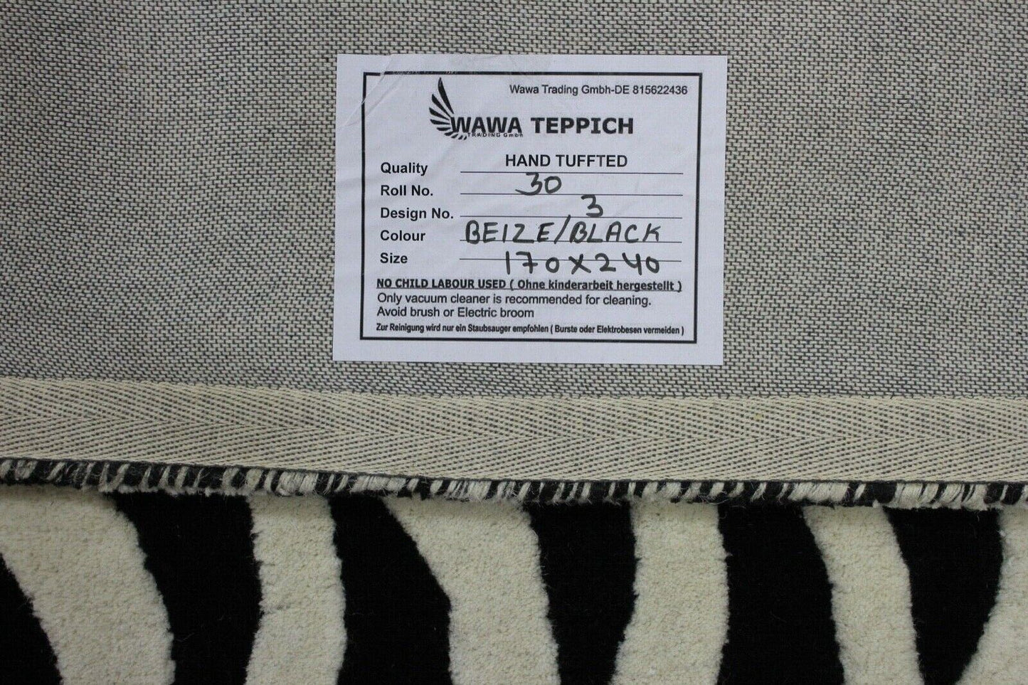 Teppich 100% Wolle Schwarz Beige 170X240 CM Handarbeit Orient Handgetuftet ME3